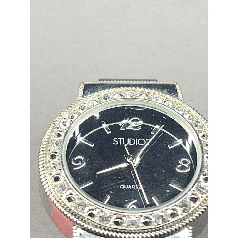 Studio 1 Women’s Rhinestone Bezel Black Dial Cuff Watch AS IS Needs Battery - Picture 5 of 8